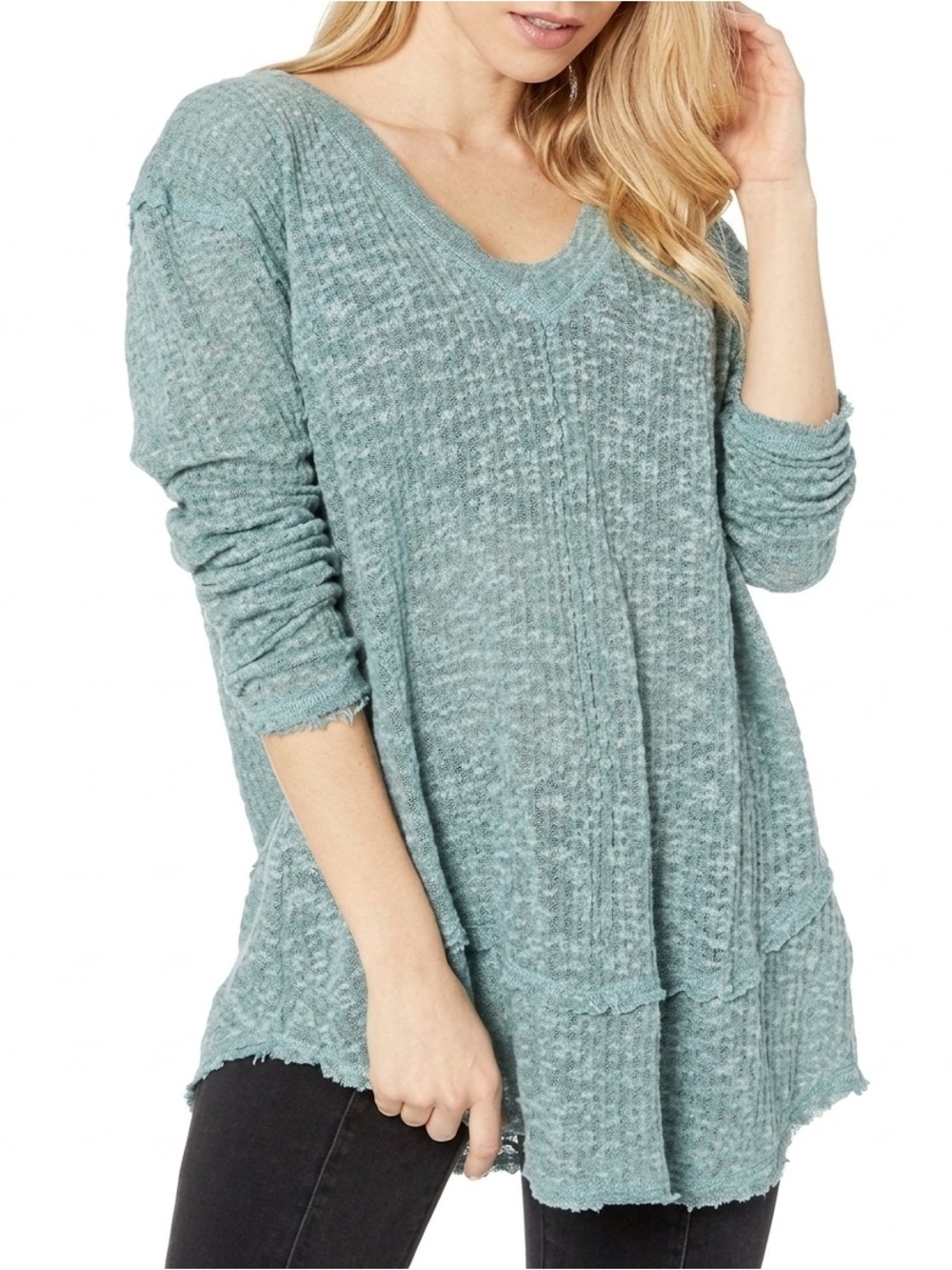 Free People Sage Green V-Neck Lightweight Knit Sweater